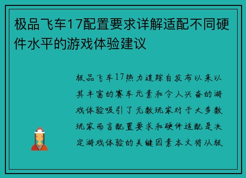 极品飞车17配置要求详解适配不同硬件水平的游戏体验建议